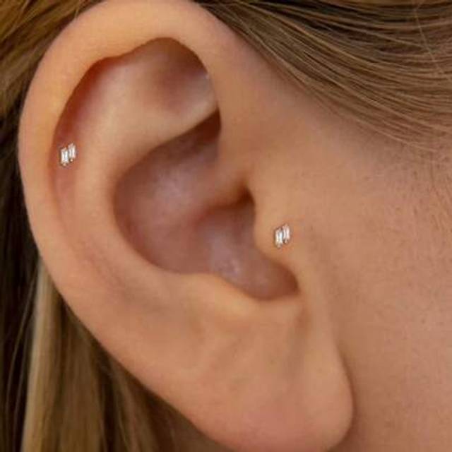 SHEIN 1PC 925 Sterling Silver Two Baguette Studs Flat Back Cartilage Helix Piercing Fine Jewelry For Daily Wear Wedding Party Engagement Anniversary Valenti