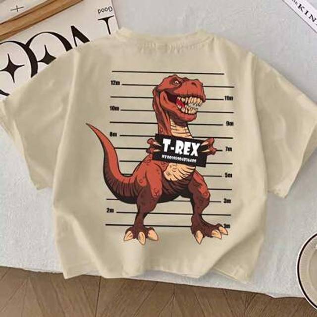 SHEIN Young Boy YongBoy Casual Cartoon Dinosaur Height Print Crew Neck T-Shirt, Summer