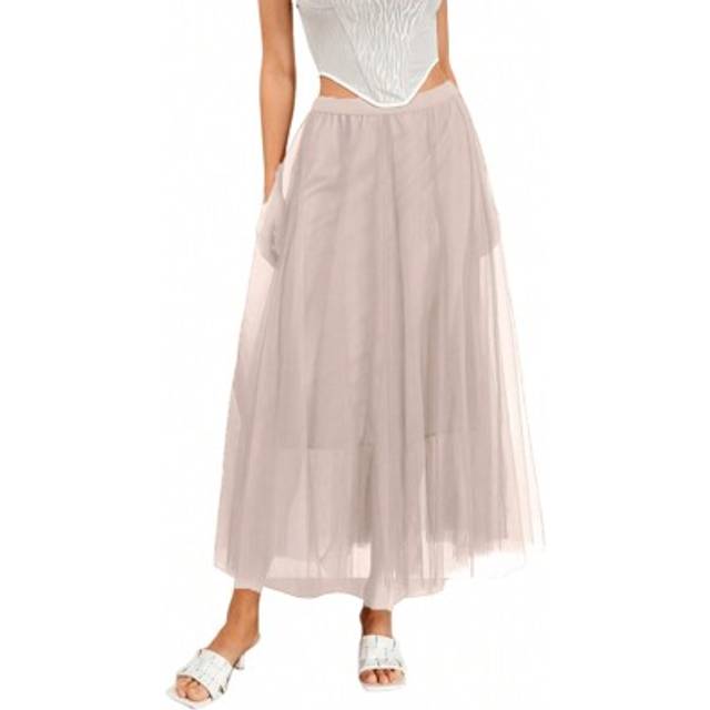 SHEIN Women&#39;s Long Tulle Skirts Elastic High Waist Mesh Flowy A-Line Party Midi Tutu Skirts