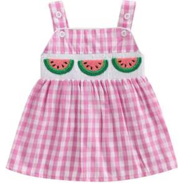 SHEIN Toddler Girls Plaid Jumper Dress - Watermelon Embroidery Sleeveless Summer Outfit For Baby  Kids