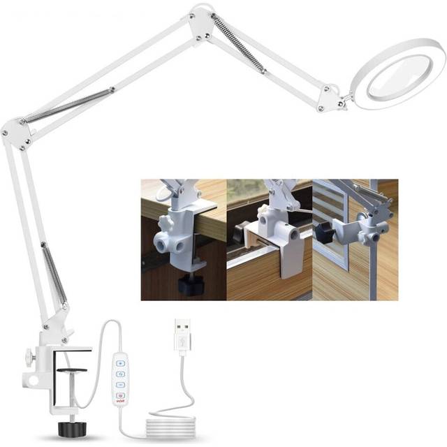 (White) Welding Magnifying Glass LED Table Desk Lamp Three-Section Folding Handle Magnifier for Nail Repair Lighting Read