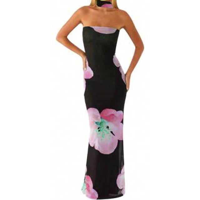 SHEIN Women Floral Tube Top Dress Slim Off Shoulder Sleeveless Open Back Long Bodycon Dress With Scarf