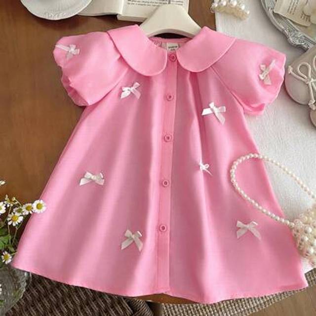 SHEIN Baby Girl Cute Pink Peter Pan Collar Bow Short Sleeve Dress, Summer