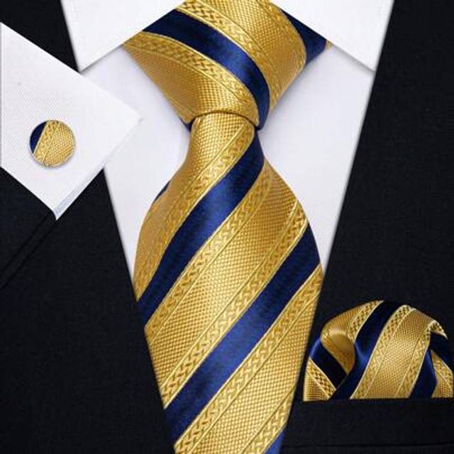 SHEIN Mens Tie Fashion Designer Gold & Navy Striped Necktie Handkerchief Cufflinks Set Wedding Fommal Casual