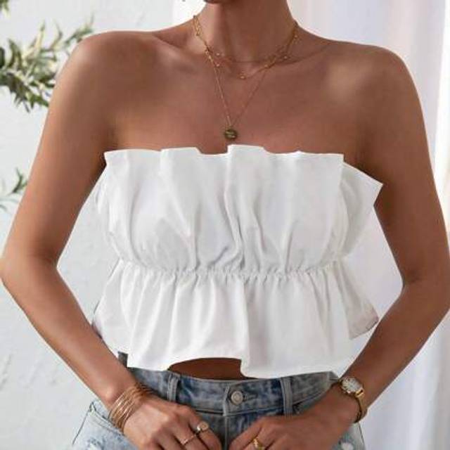 SHEIN Ruffle Trim Ruched Bust Tube Off Shoulder White Top