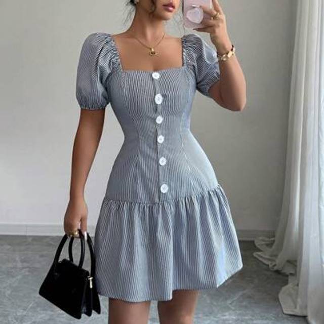 Calvaya Elegant Commuting Blue & White Striped Square Neck Puff Sleeve Cinched Waist Front Button Fitted Dress
