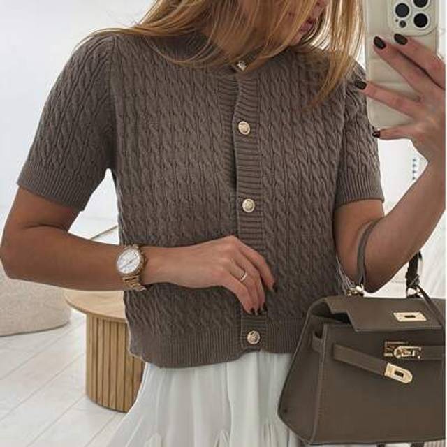 SHEIN Women&#39;s Olive Green & White Cable Cardigan - Open Front Button Detail Short Sleeve Cropped Sweater Vest, Medium Stretch H-Silhouette For Spring Summer
