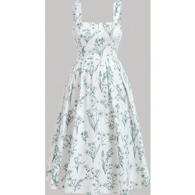 SHEIN Plus Size Vintage Printed Dress, Cupped Bust, Straps And Flared Hemline,Corset Dress For Women