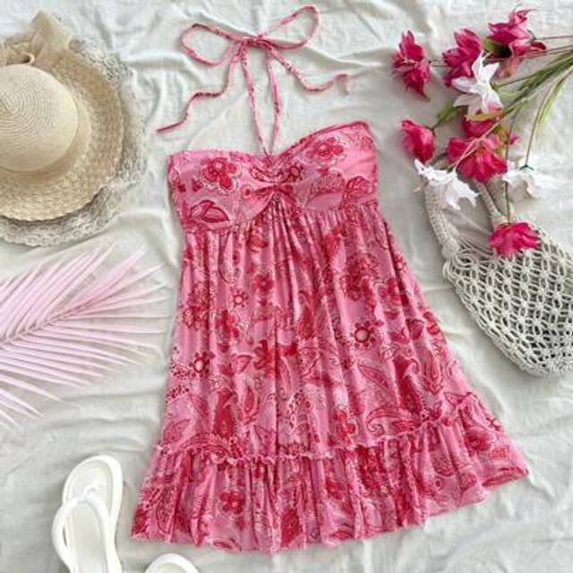 Soleia Women&#39;s Holiday Pink Floral Paisley Pattern Hippie Music Festival Floral Retro Print Neck Tie Ruffle Hem Casual A-Line Mini Dress, Suitable For Party,