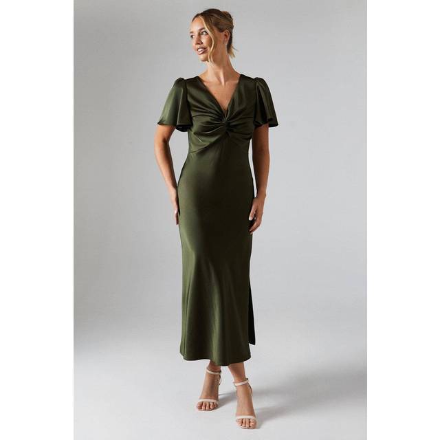 Oasis Women's Satin Twist Front Angel Sleeve Midi Bridesmaid Dress in Olive | Size: 10