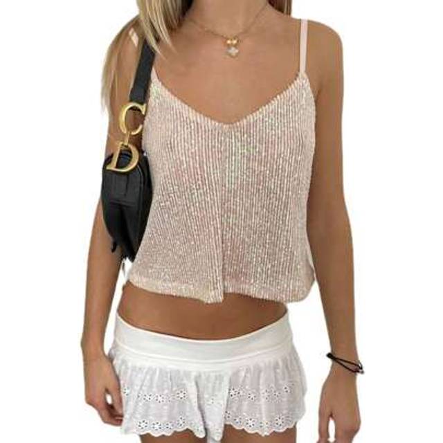SHEIN Women Y2k Sequin Cami Top Sparkly Spaghetti Strap V-Neck Crop Tank Tops Sleeveless Backless Solid Color  Vests Shirt Summer Going Out Top Glitter Cami