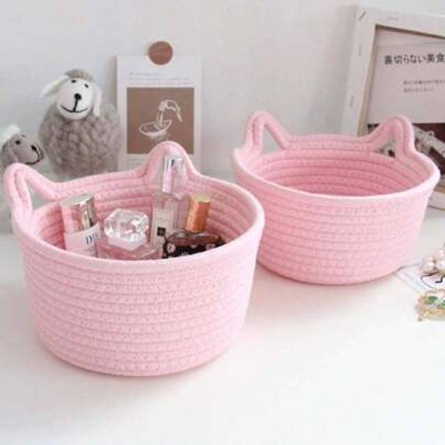 SHEIN 1pc Small Handwoven Cat Ear Design Rope Storage Basket,Desktop Storage Basket For Living Room, Bedroom, Desk, Bedside(Pink)