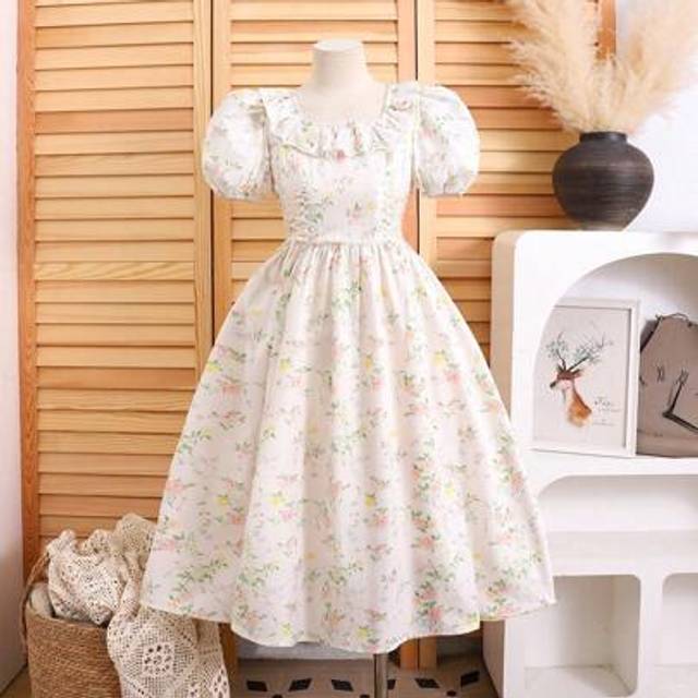 SHEIN Tween Girls Square Neck, Puff Sleeves, Waist Tie, Floral Print Tea Party Dress, French Fairy Dress,French Pastoral Style