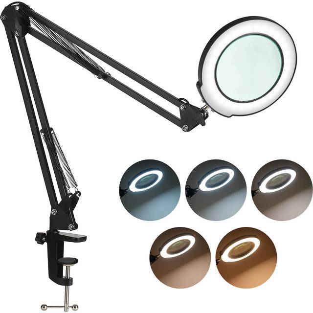 Clamp-on Table Lamp with 5x Magnifier Swing Arm Dimmable LEDs Desk Light Touch Control 5 black