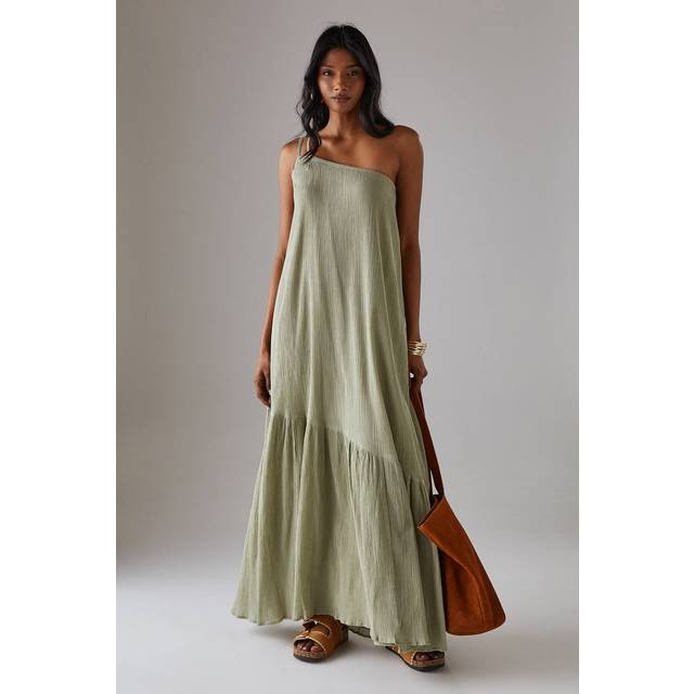 Womens Cheesecloth Double Strap One Shoulder Maxi Sundress - Green - 8