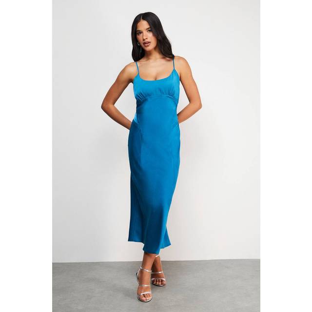 Womens Satin Tie Bust Seam Strappy Midi Slip Dress - blue - Blue - 8