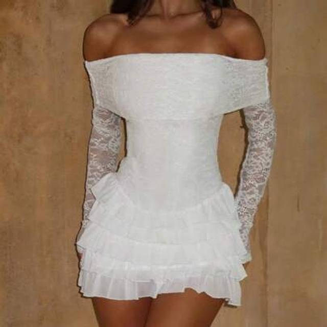 SHEIN Women Summer Mini Lace Dress Long Sleeve Off Shoulder Tiered Hem Tube Top Dress