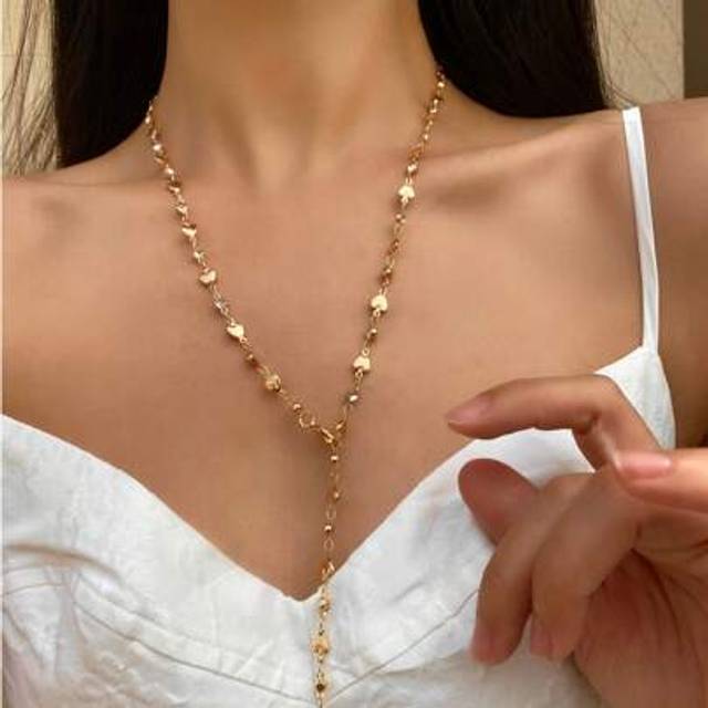 SHEIN 1pc Stainless Steel Minimalist Delicate Gold-Tone Necklace, Shiny Daily Wear Accessory Suitable For Dating, Party, Vacation, Festival, Deep V-Neck, An