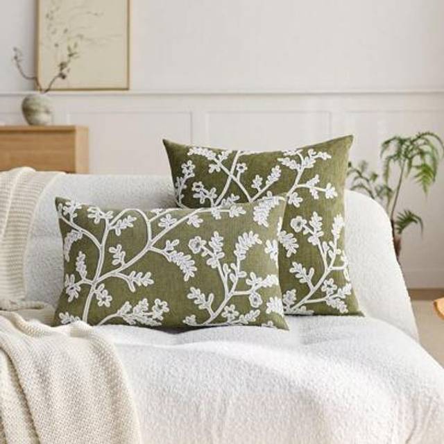 SHEIN 1pc Green Leaf & Flower Embroidered Decorative Pillow Cover, Suitable For Indoor Decoration, All Season Use, Pillow Insert Not Included