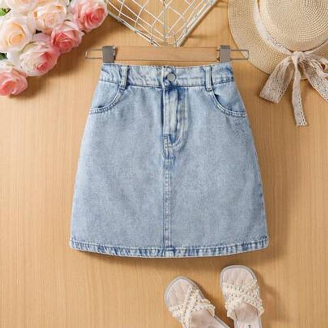 SHEIN 1pc Tween Girl&#39; Casual Simple Cute A-Line Fashion Versatile Denim Mini Skirt, Summer