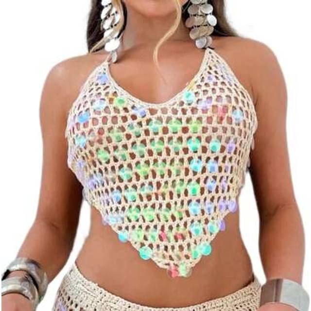 SHEIN Women Y2K Crochet Sequin Cami Top Low Cut V Neck Open Back Tank Summer Cute Sparkle Halter Crop Tops Hollow Out Vest Tops Going Out Streetwear