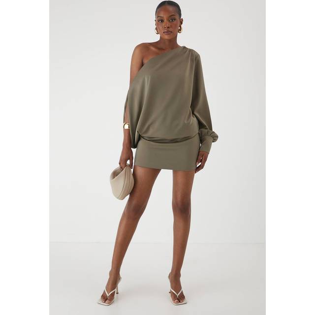 One Shoulder Satin Mini Dress - Khaki - 10