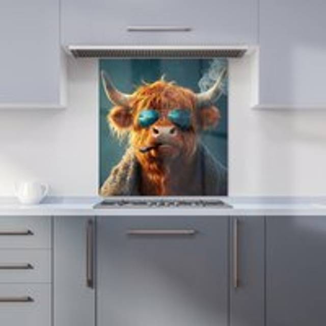 Warren Reed - Designer Highland Cow With Glasses Kitchen Splashback W700Mm X H650Mm, Multi
