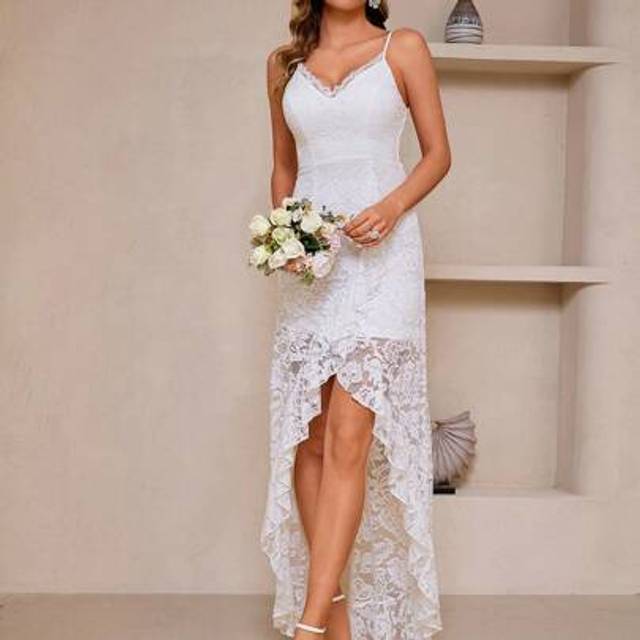 SHEIN Women&#39;s Off Shoulder Elegant Wedding Guest Dress Lace Fitted Front Slit Party Evening Maxi Dress White Formal Prom Dress For Graduation, Dinner Elegan