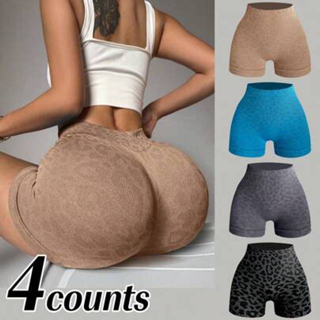 SHEIN 4pcs/Set Women Sports Shorts, Seamless Jacquard Leopard Print, Black, Gray, Lake Blue, Khaki, Earthy Colors, Yoga, Fitness, Leisure