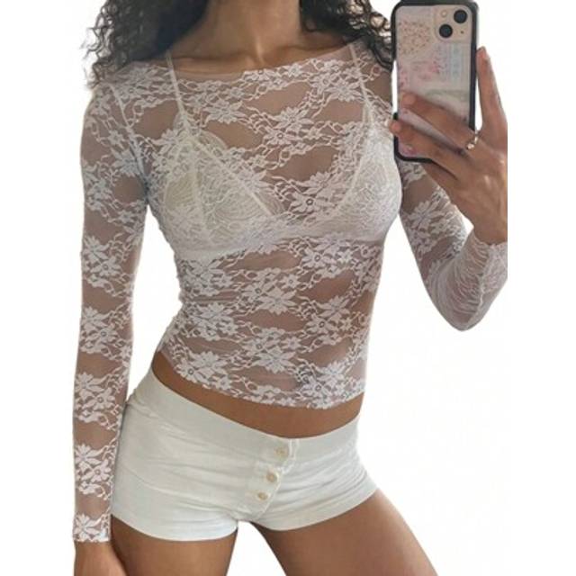 SHEIN Women Crop Floral Lace Tops Sheer Long Sleeve Basic T-Shirt Sexy Fitted Tee Pullover Teen Girls Going Out Tops Aesthetic Clothes Club Streetwear