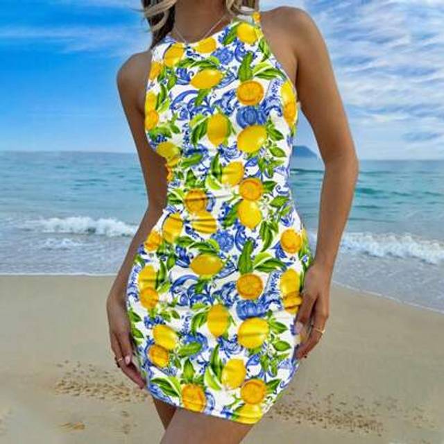 SHEIN Minimalist Casual Vacation Lemon Print Sleeveless Round Neck Mid-Length Fitted Summer Dress For Women, Mini Skirt Vacation Dress