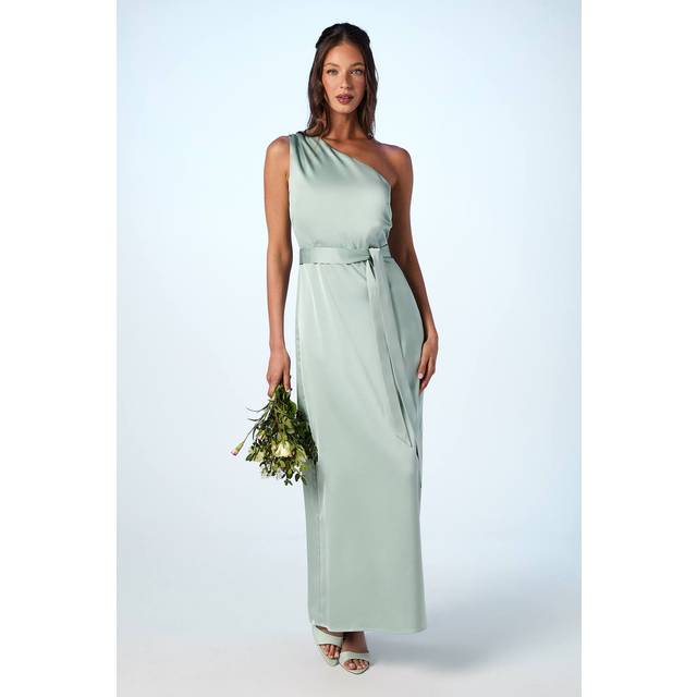One Shoulder Satin Maxi Bridesmaid Dress - Sage - 10