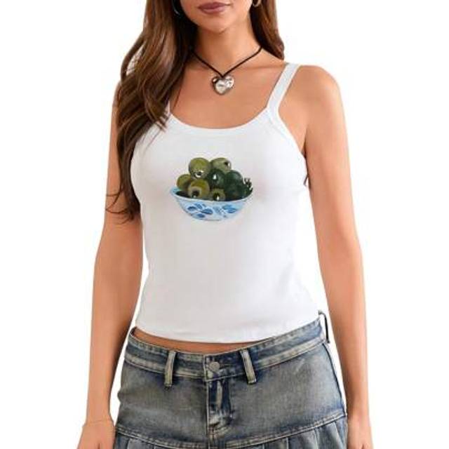 SHEIN Women&#39;s Spaghetti Straps Cotton Cami Tops Summer Casual Sleeveless Scoop Neck Crop Tank Tops Slim Fit Bowl Cherry Print Camisole Vest Tops Summer Beac