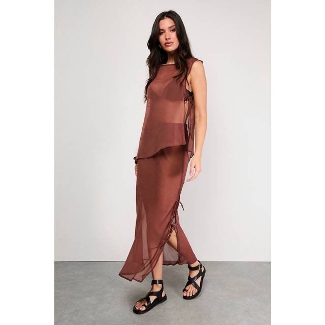 Warehouse Chiffon Tie Side Column Midi Skirt In Chocolate - chocolate - 8