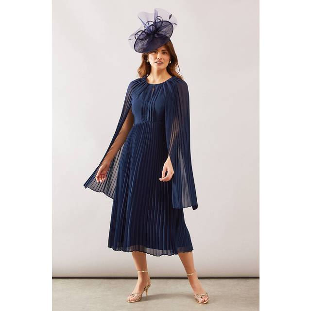 Womens Occasion Pleated Cape Chiffon Midi Dress - Navy - 12