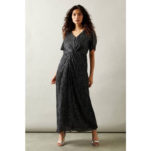 Wallis womens maxi dress silver plisse twist waist v neck flutter sleeves