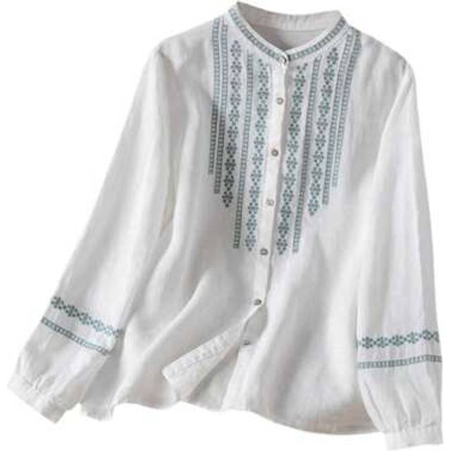 SHEIN Womens Cotton Linen Tops Vintage Floral Embroidery Long Sleeve Round Neck Button-Up Shirt Casual Streetwear
