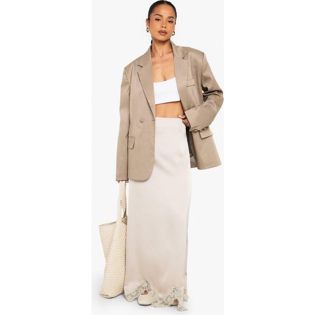 Womens Satin Lace Trim Maxi Slip Skirt - Champagne - 8