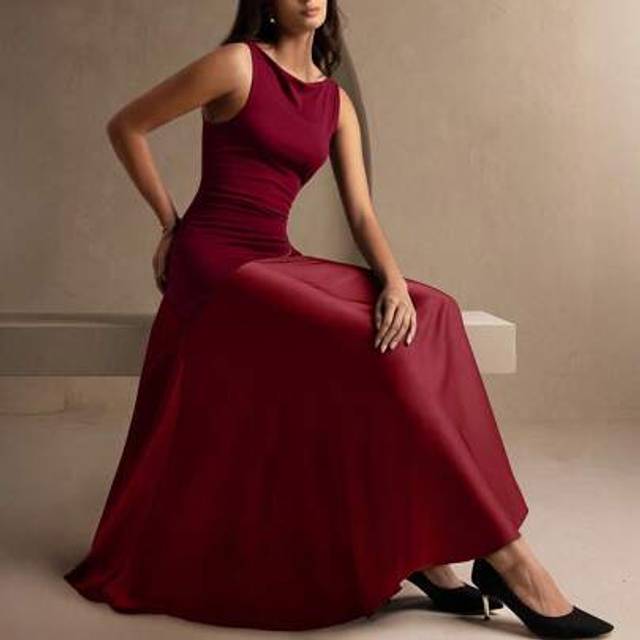 SHEIN Aliao High-End Knitted & Woven Patchwork Straight Collare Sleeveless Dress In Coffee Color