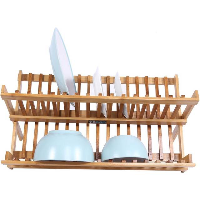 Double Tier Wooden Foldable Sink Dish Drainer Plate Cutlery Dryer Draining Rack Holder Kitchen White