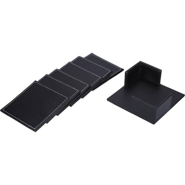 PU Leather Drink Coasters with Holder Set of 6 Coasters for Table Protection Black Square