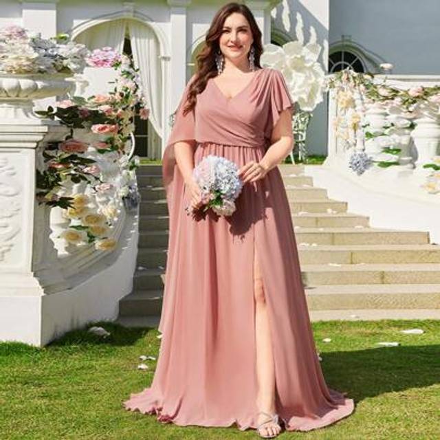 SHEIN Plus Size Chiffon Minimalist Sexy Deep V-Neck Hand Pleated Slim Fit Cocktail Dress, Suitable For Ball, Wedding,Party Dress,Gown,Formal,Evening,Wedding