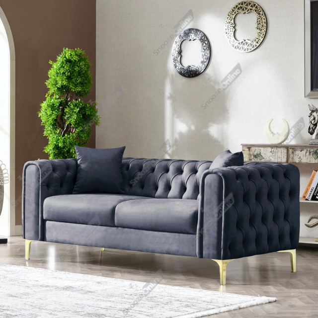 (Steel Velvet, 3 Seater Sofa) Plush Velvet Chesterfield Sofas & Couches Stylish 3+2 Seater Sofa Set, Armchair For Living Room