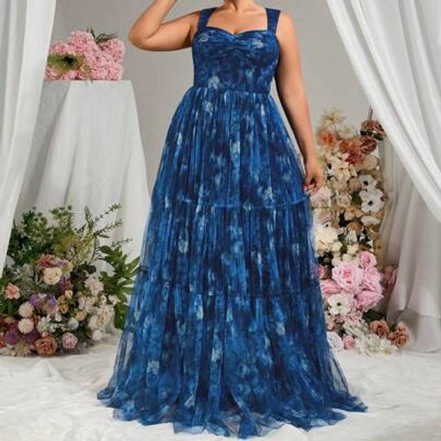 SHEIN Plus Size Elegant Printed Floral Wide Straps Sweetheart Neckline Hem Patchwork Ball Gown Sleeveless Long Maxi Party Dress Glitter, Formal Evening Prom