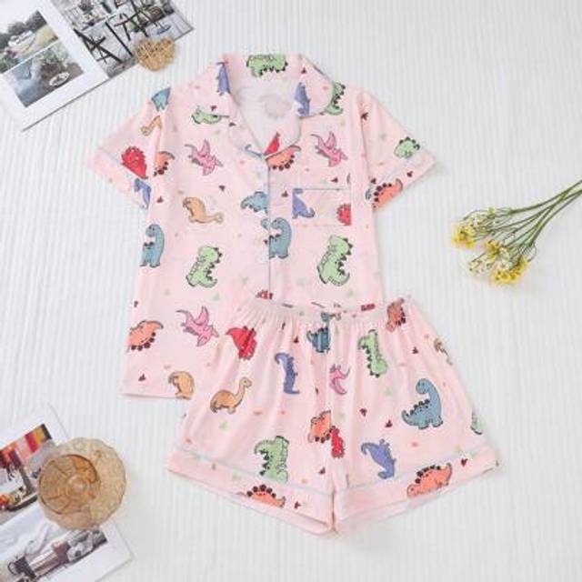SHEIN 2pcs/Set Cute Dinosaur Print Women Pajamas Set, Short Sleeve Lapel Top & Loose Elastic Shorts, Casual Sleepwear & Loungewear All Season For Ladies, Tw