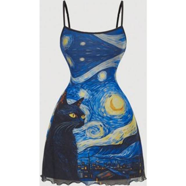 SHEIN Vintage Style Black Cat & Star Print Mesh Overlay Dress, Suitable For Dates, Parties, Holidays, Tea Parties, Birthdays,Valentines Clothes,Vacation Out