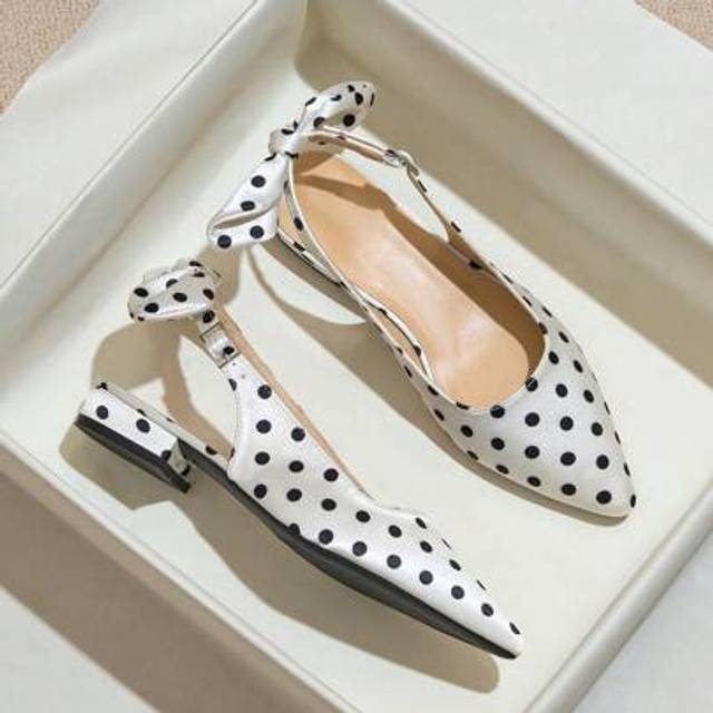 SHEIN Silk Polka Dot Chunky Heel Pointed Toe Pumps Women, New Black Spring/Summer French Retro Dress Shoes With Bowknot Backless Mary Jane Design
