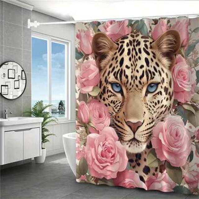 SHEIN Leopard And Pink Roses Shower Curtain With 12 C-Type Hooks - Waterproof, Machine Washable, And Animal Printed Home Bathroom Decor Fall Decor Bathroom