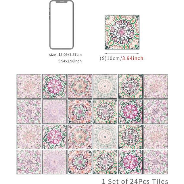 TEMU 24-pack Mandala Tile Stickers, Self-adhesive Ps Wall Art, Waterproof Indoor Decor For Home, Kitchen, Bathroom - Orientation, Square Shape