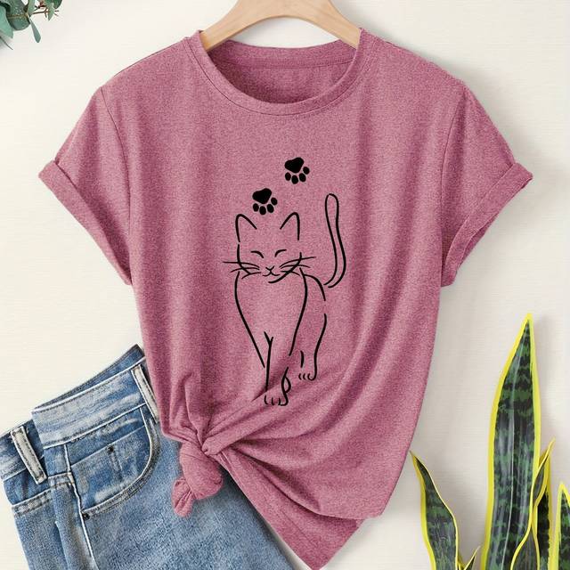 TEMU Stylish Vintage Purple Short-sleeve T-shirt For Women Featuring A Cute Cat Paw Print, Summer Casual Sports.